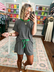 New Days Striped Knit Top and Shorts Set - Black/Green