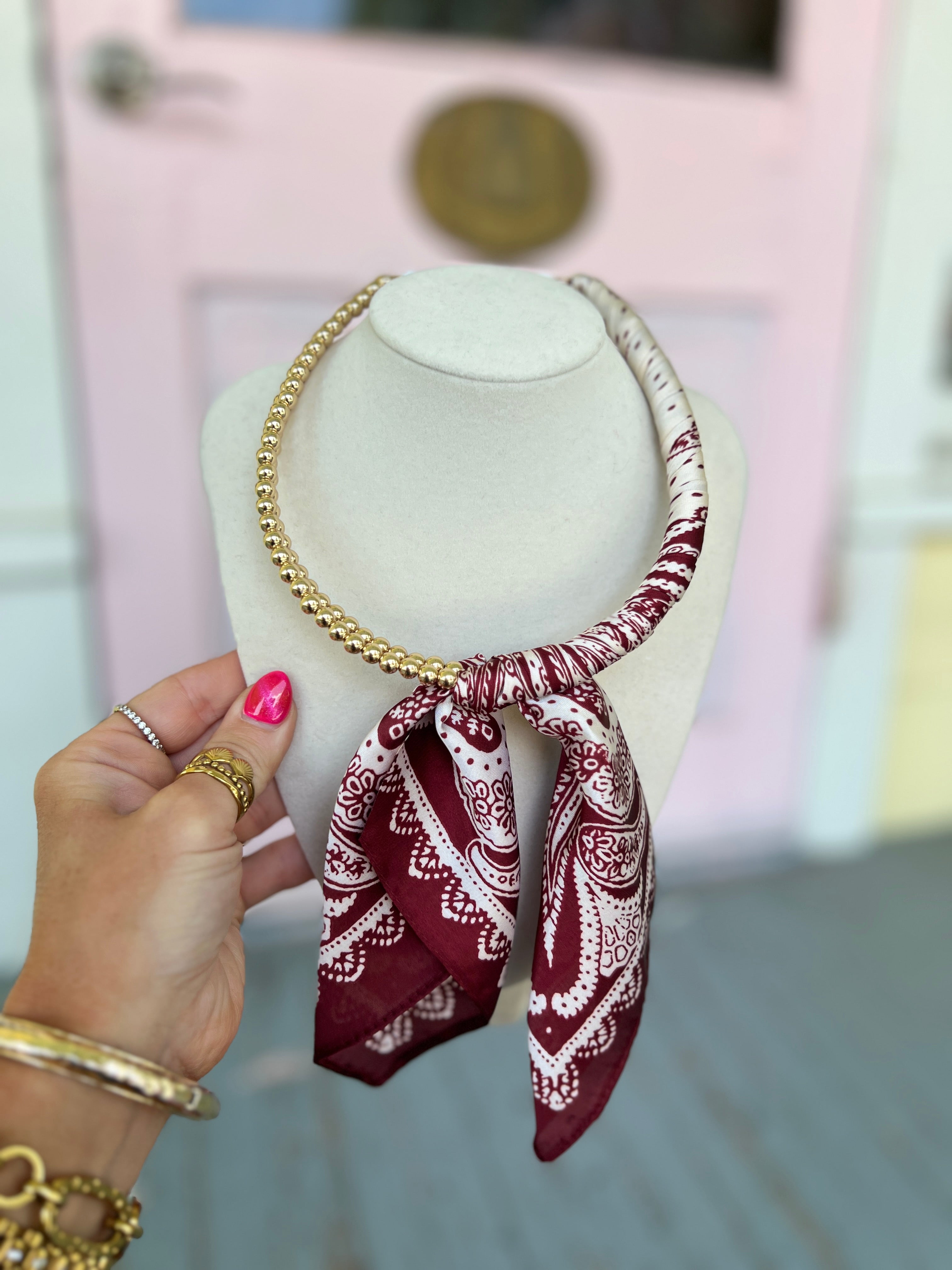 Burgundy patterned scarf wrapped collar necklace with gold beaded chain