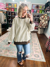 Reversible mock neck sweatshirt in brown-and-ivory striped knit with relaxed fit