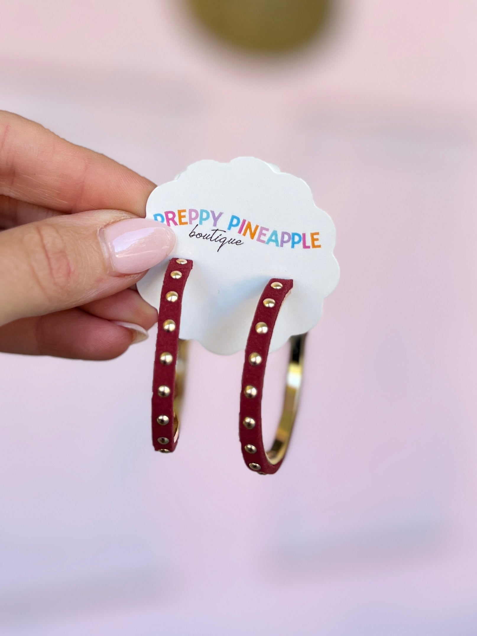 Metal Studded Leather Lined Hoops - Wine