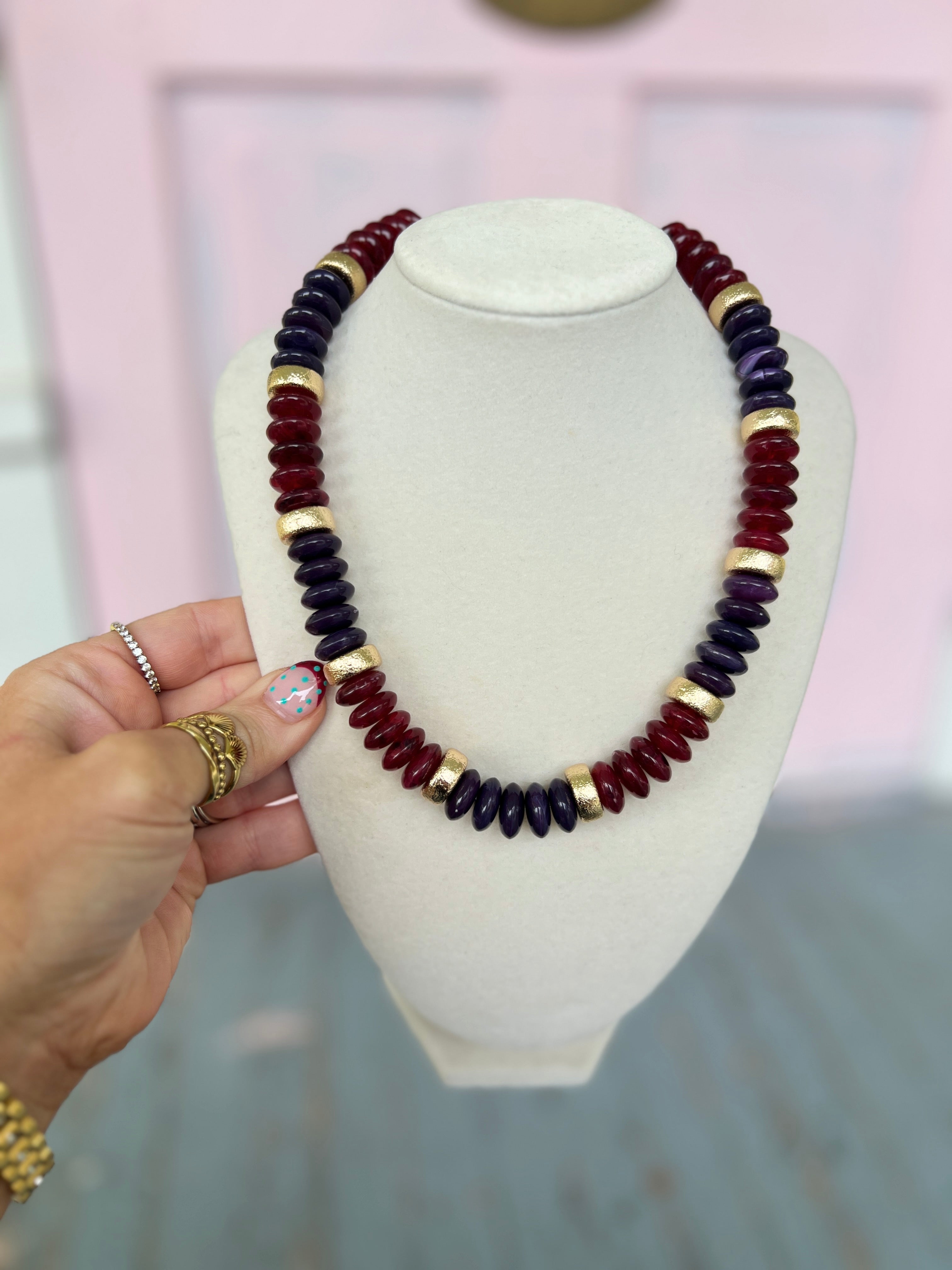 Rondelle and Metal Beads Necklace - Burgundy/Gold
