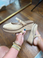 Camel faux suede slingback mule with buckle strap and cushioned footbed