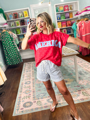 America Patch Polka Dot Knit Top - Red