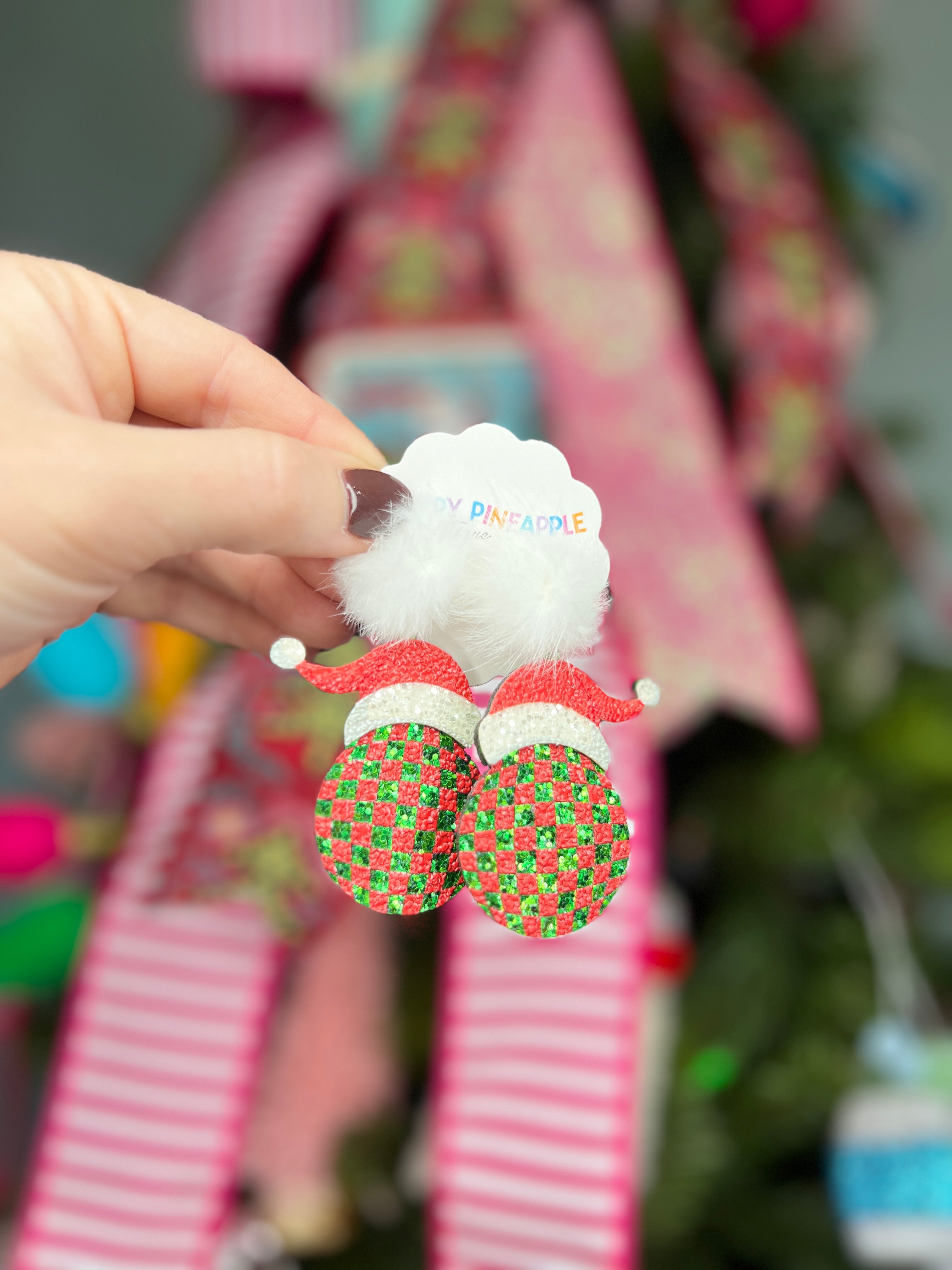 Santa Hat Disco Ball and PomPom Earrings