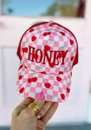 Honey Embroidered Checkered Trucker Hat