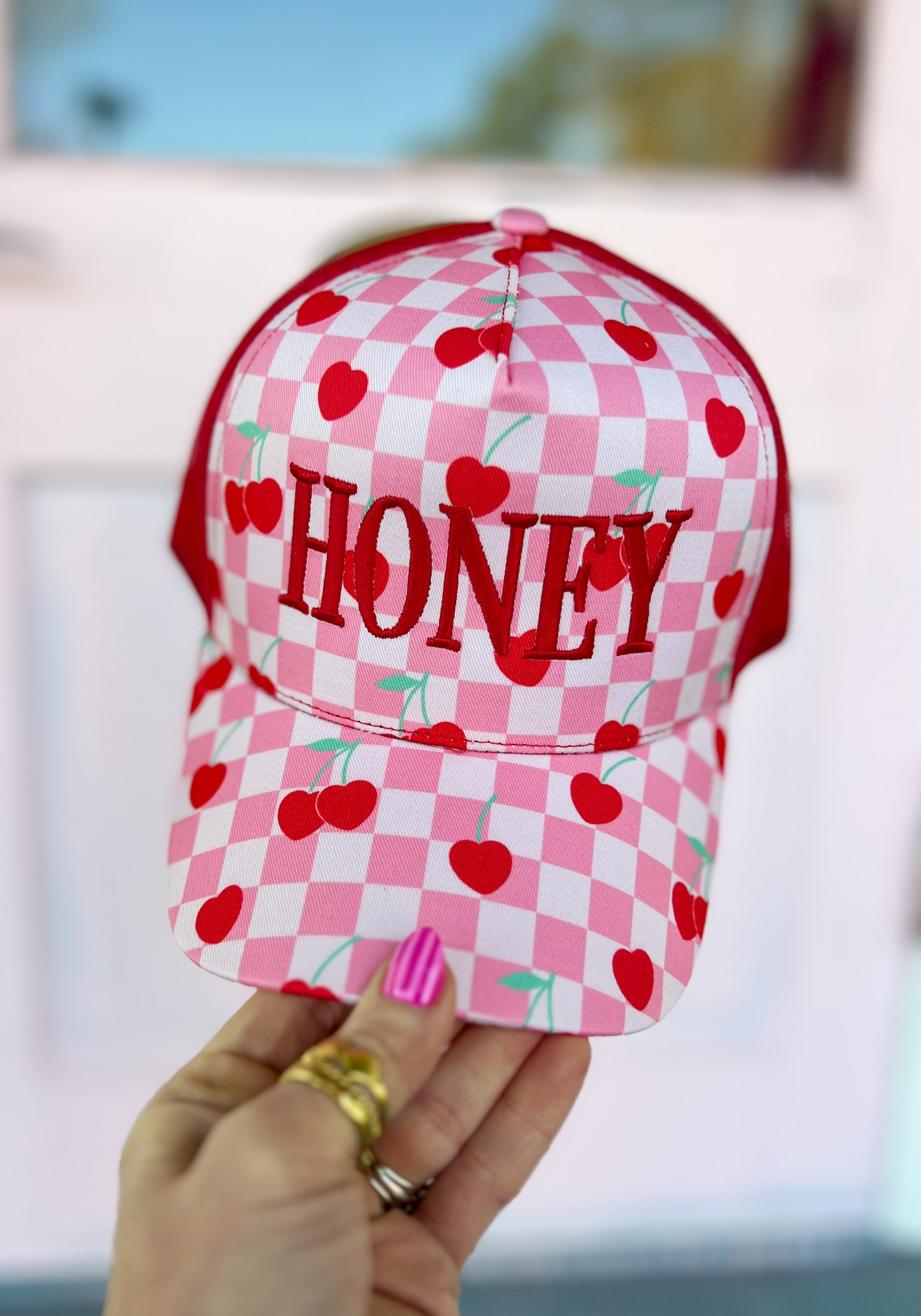 Honey Embroidered Checkered Trucker Hat