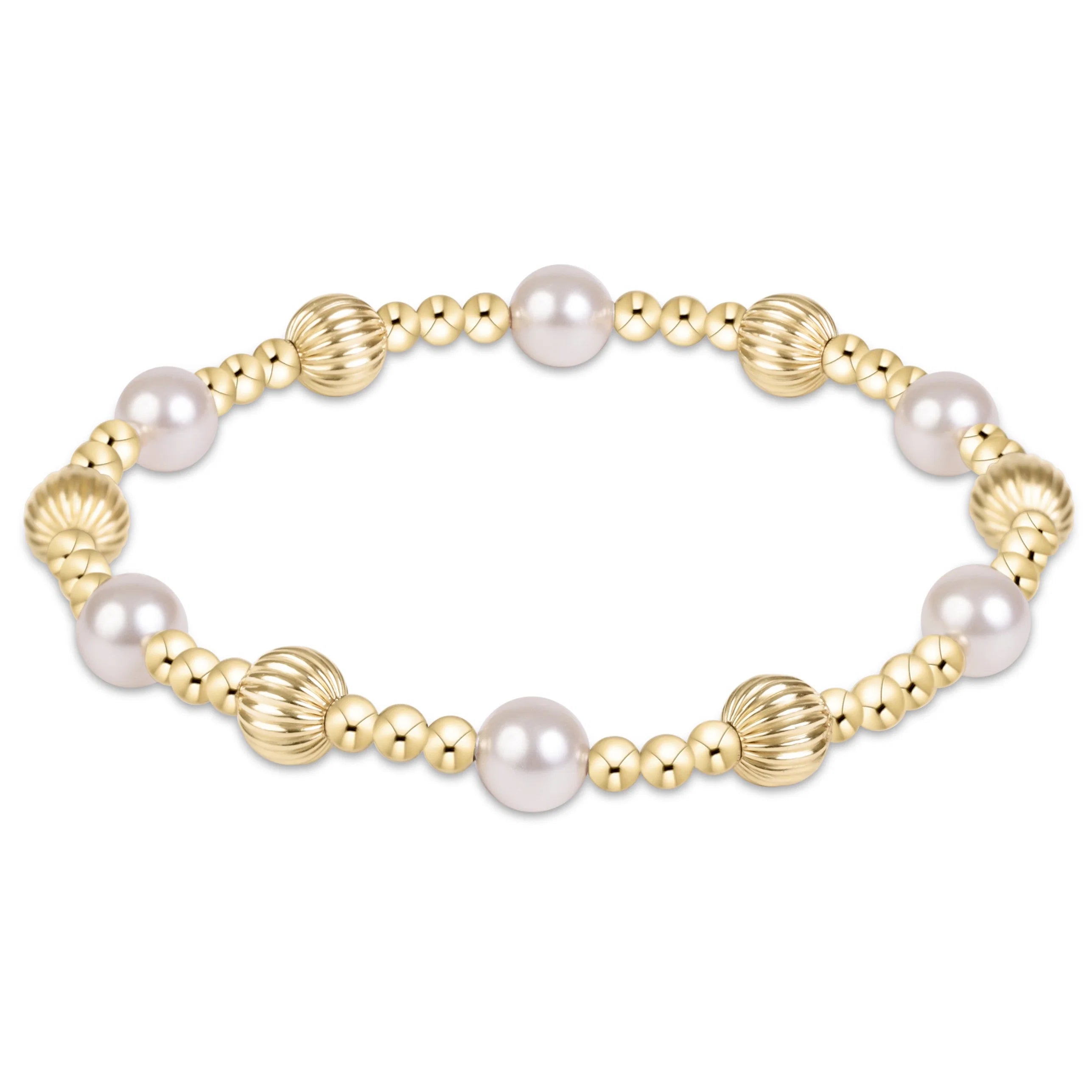 Gold pearl bracelet with 6mm round pearls and ribbed gold bead accents