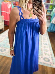 Careful Details Scolloped Strap Midi Dress - Blue