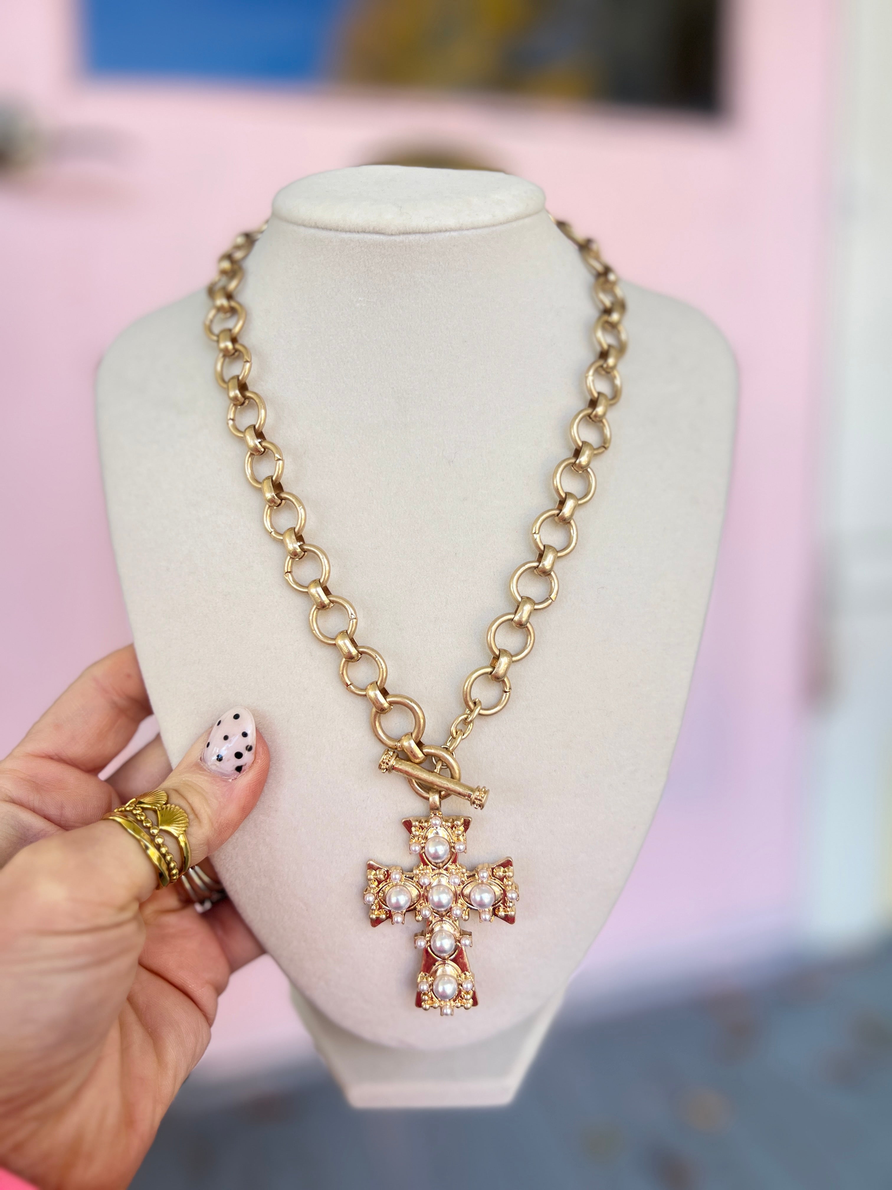 Pearl Studded Cross Necklace Set