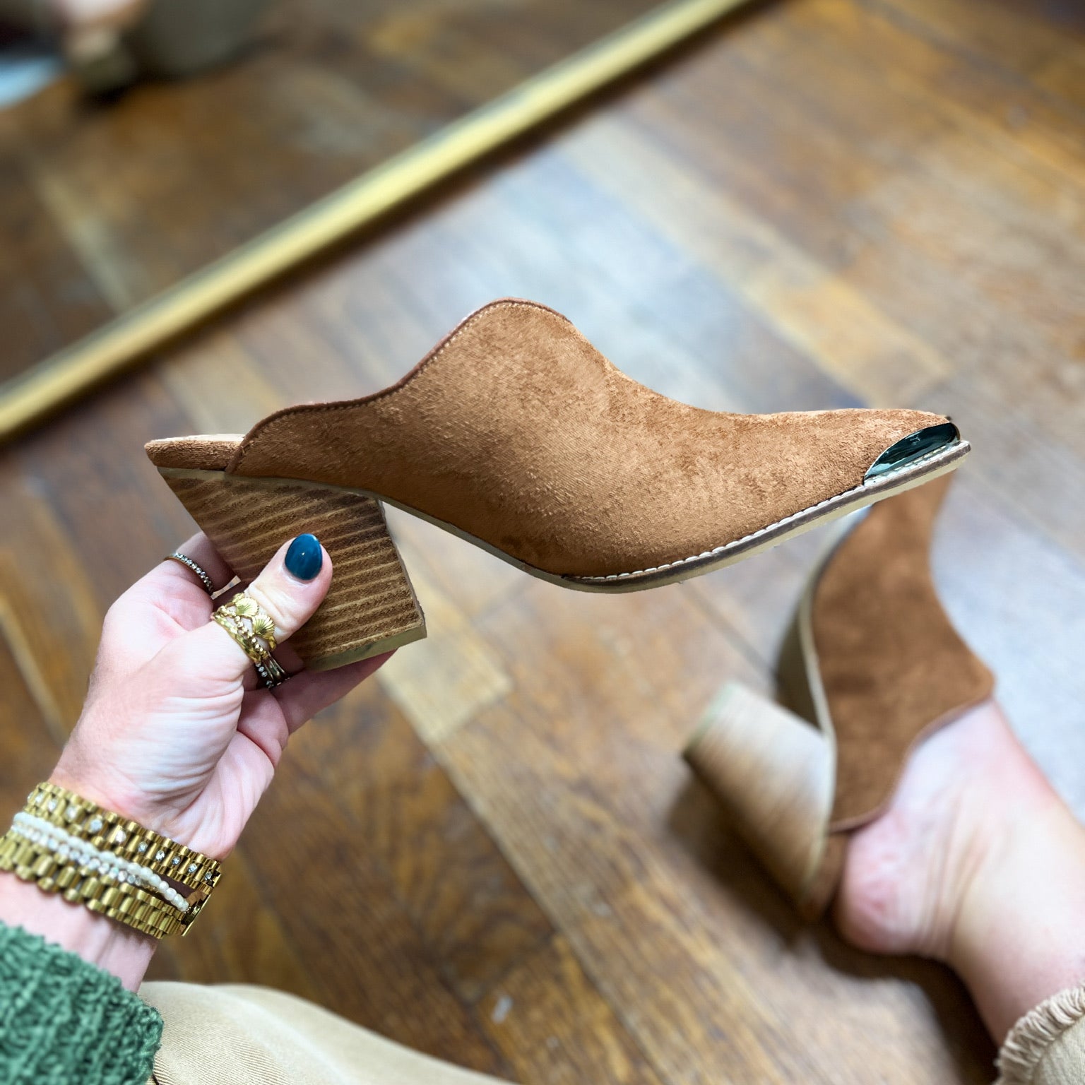 Tobacco brown faux suede mule with low stacked heel and teal edge trim