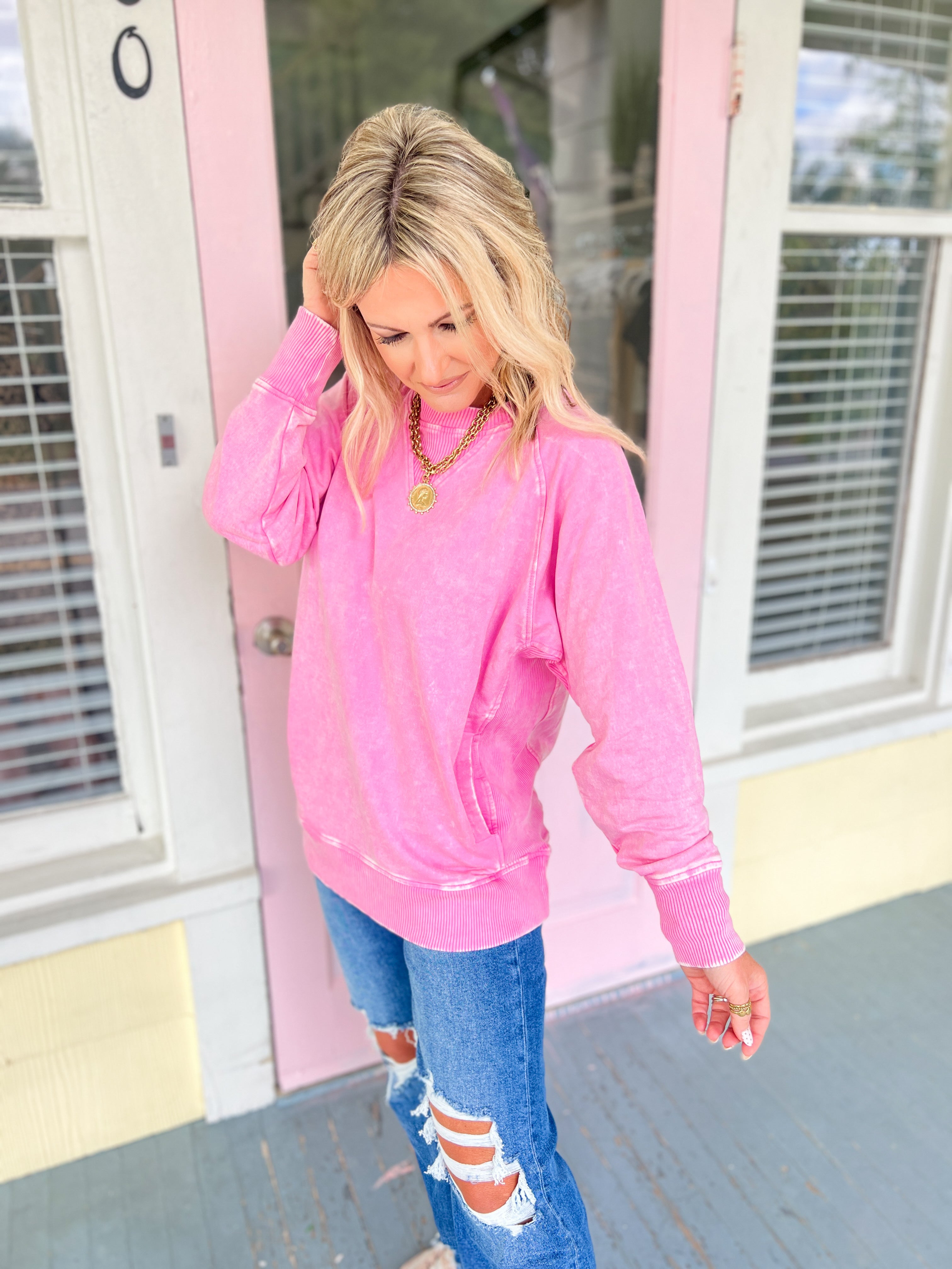 Carefree Charm French Terry Pullover - Candy Pink