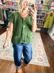 Army green ribbed knit button-front sweater with short sleeves and round neckline