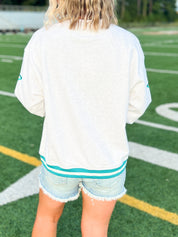 White heathered crewneck sweatshirt, back graphic, striped rib cuffs