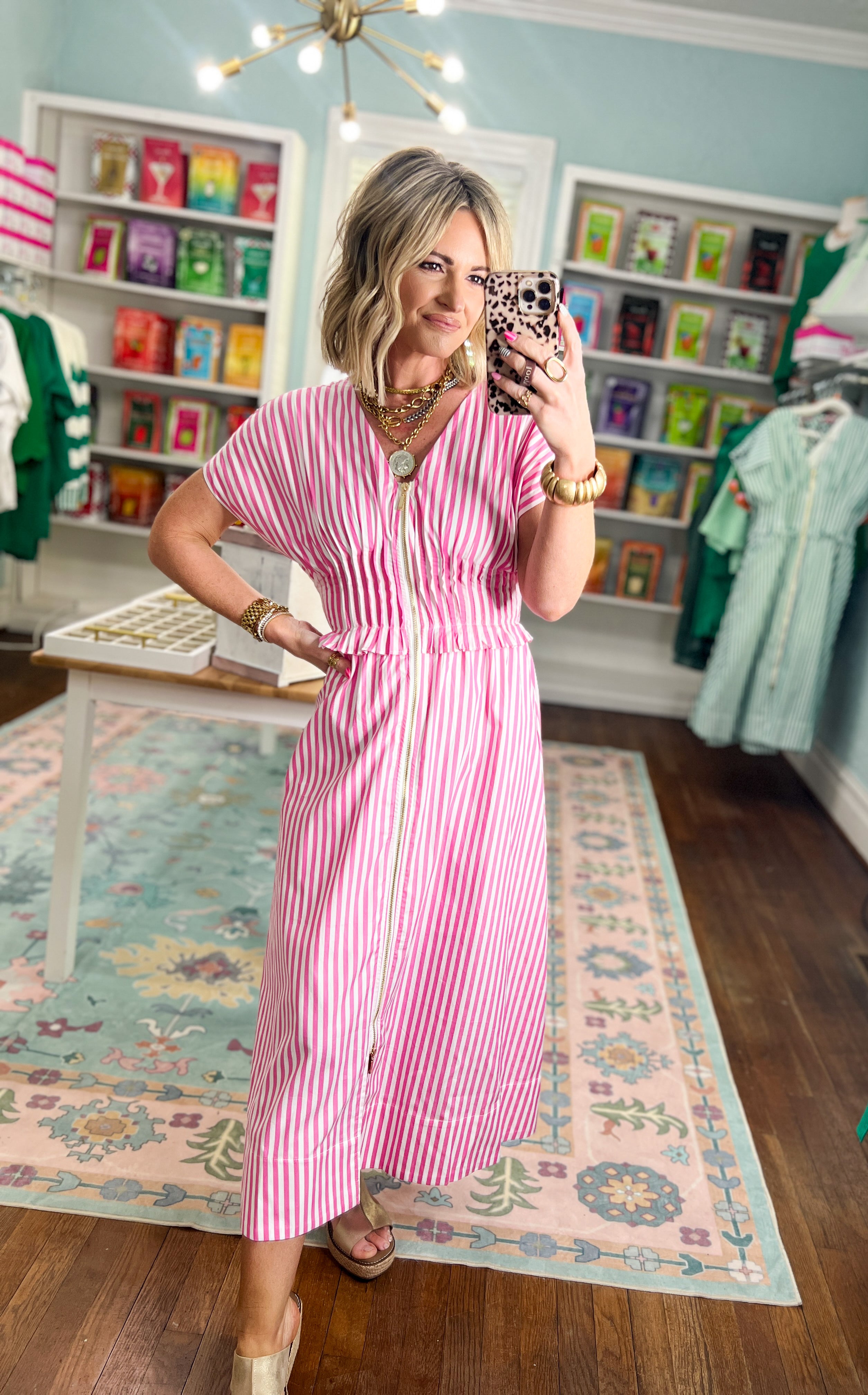 Seaside Striped Zip Midi Dress - Pink
