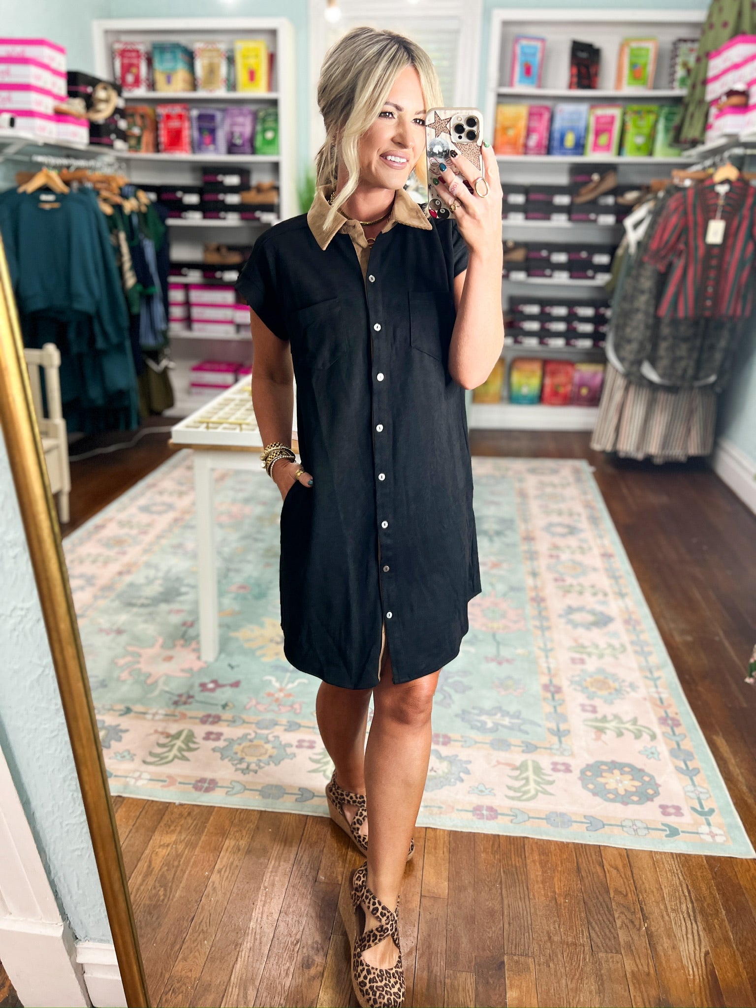 Bistro Charm mini dress in dark color, button-front shirt style with short sleeves