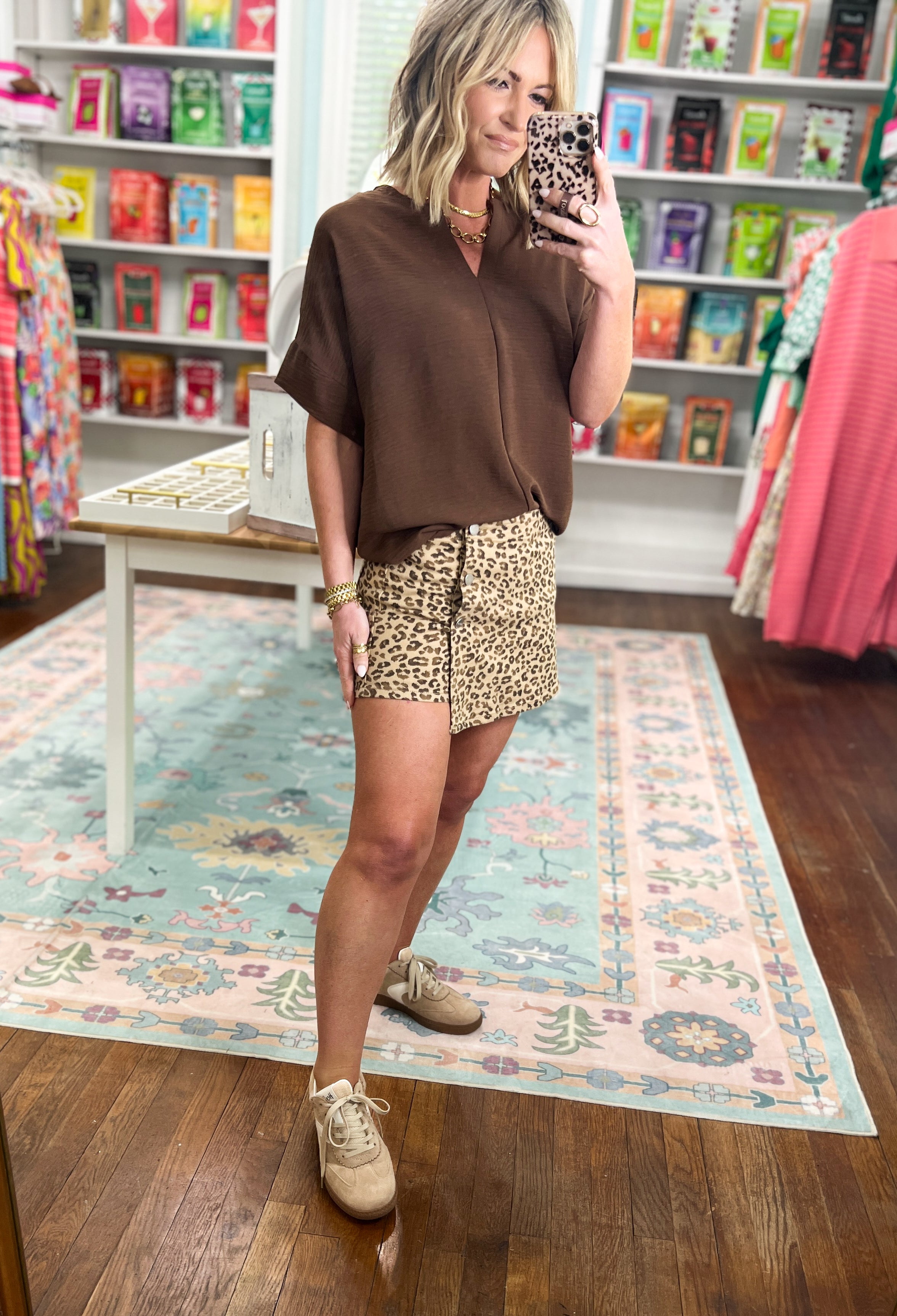 Risen | High Rise Button Down Leopard Skort