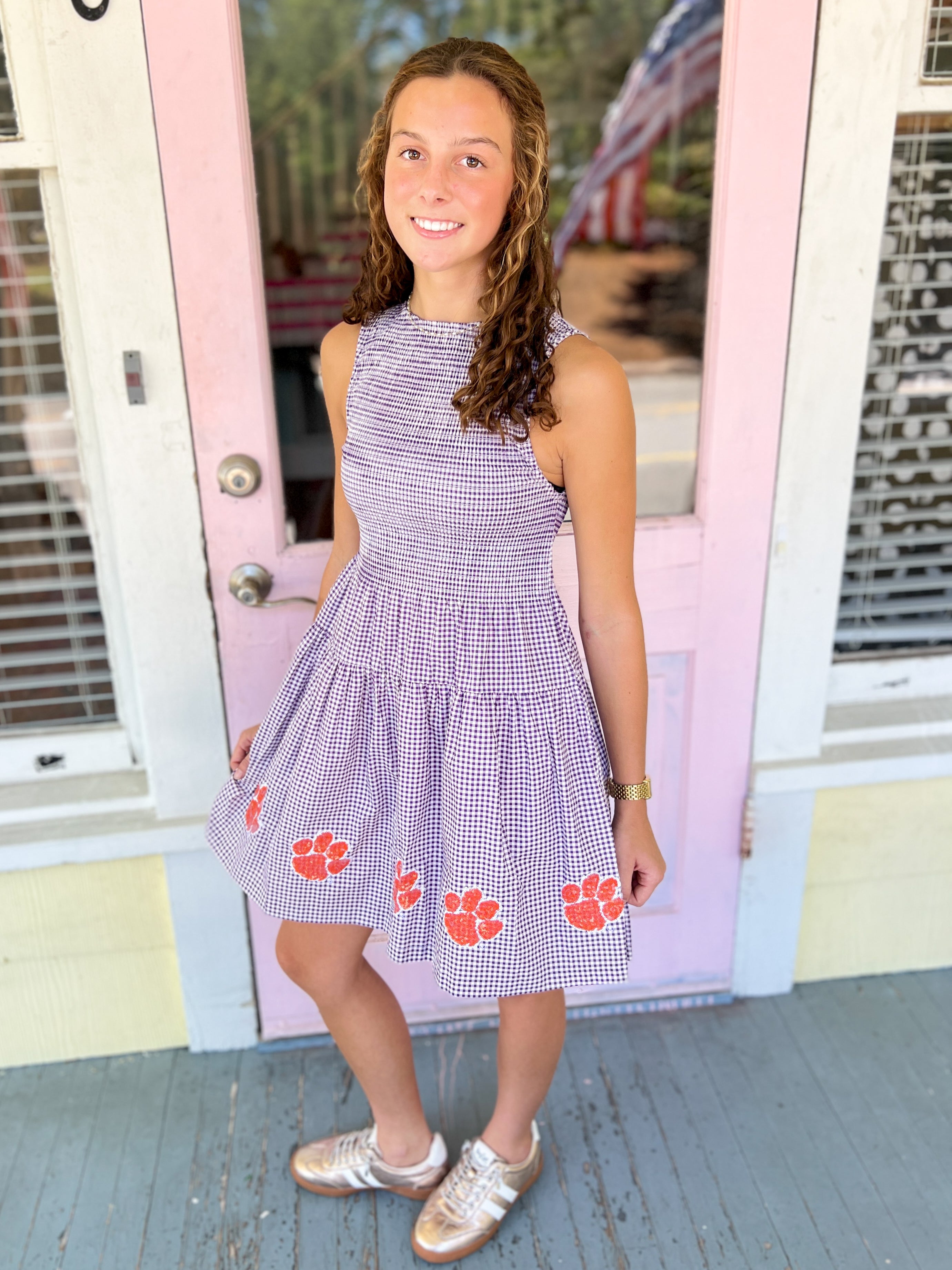 Purple check seersucker sleeveless dress with orange paw-print designs