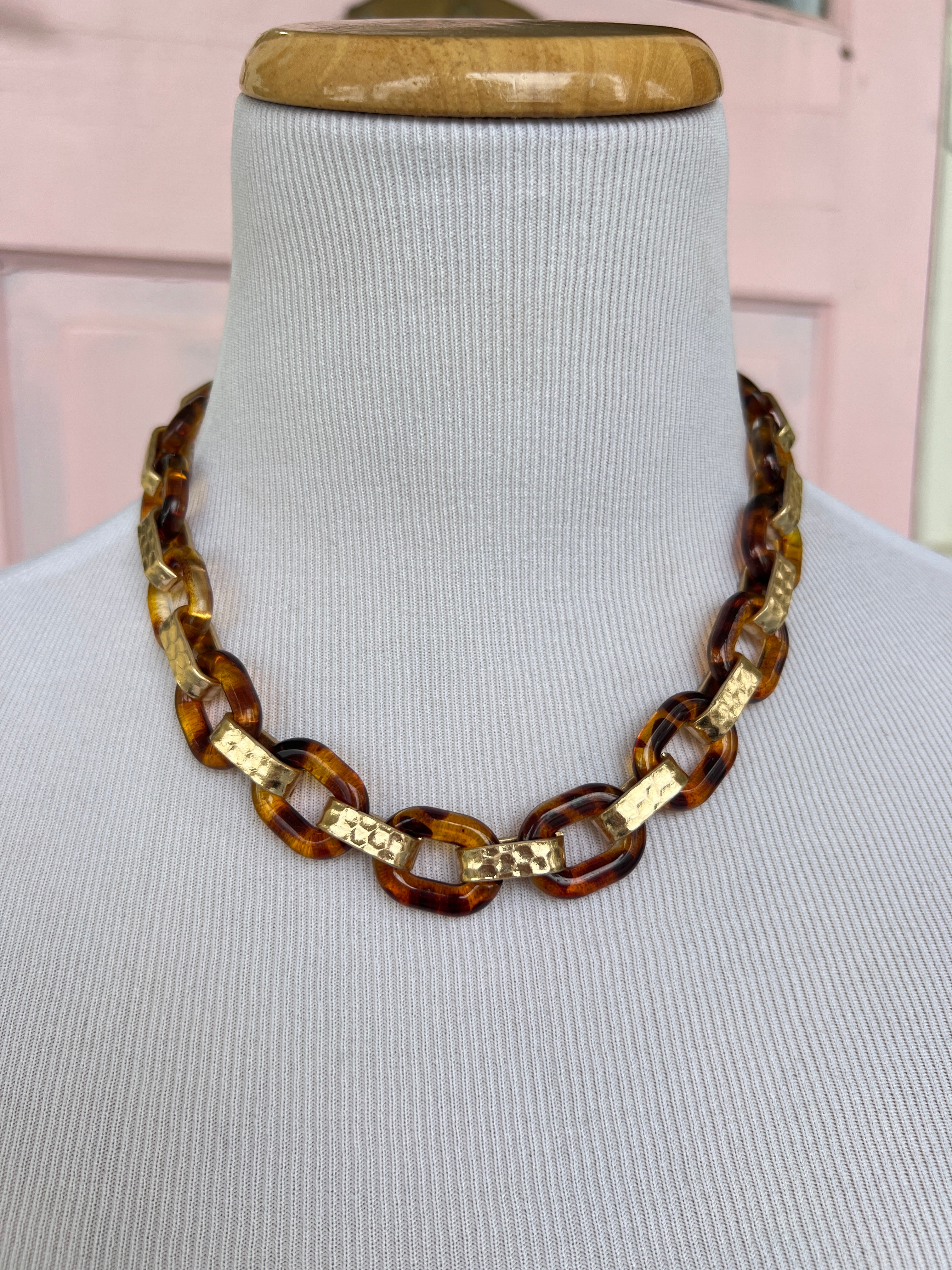 Linked Acrylic Tortoise and Textured Oval Necklace