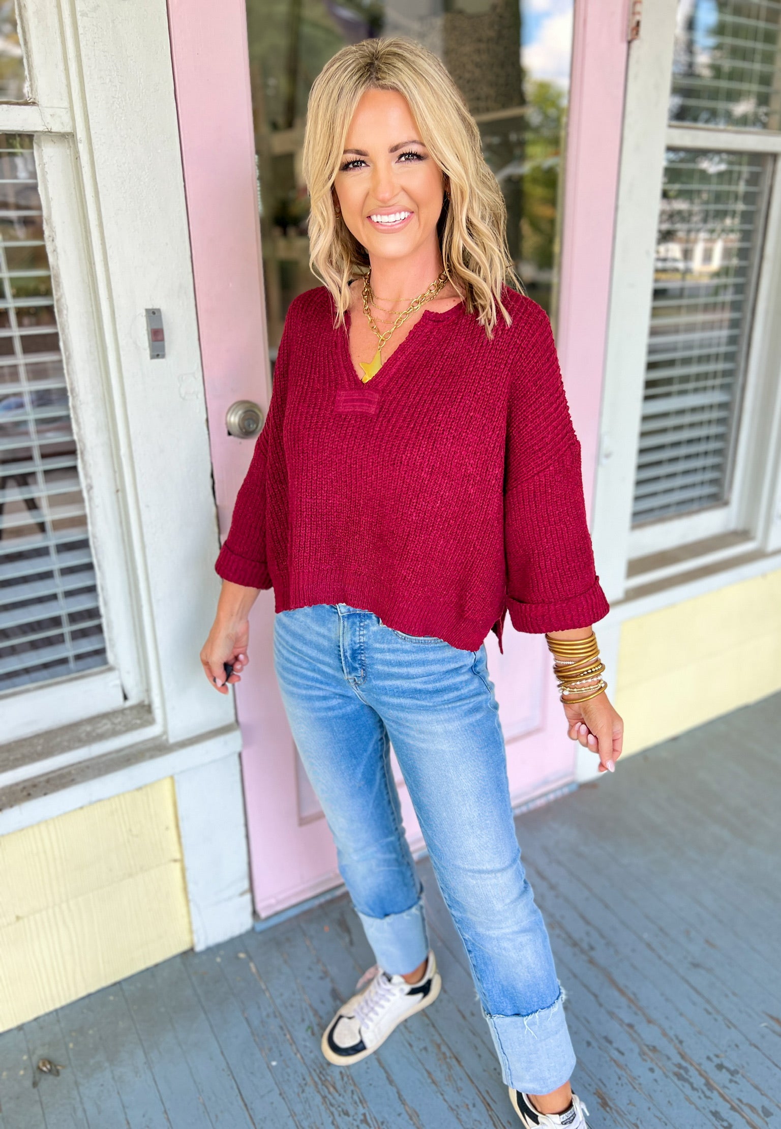Speak Up Split Neck Sweater - Cabernet