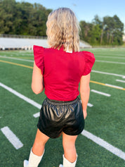 Crimson flutter sleeve top, back view