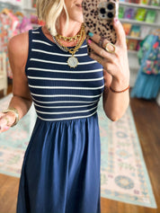 Let's See Mixed Media Midi Dress - Navy