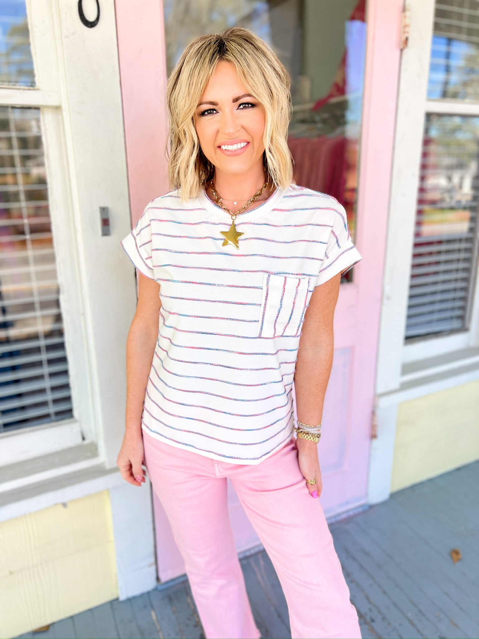 Lovable Favorite Striped Top - Ivory/Teal