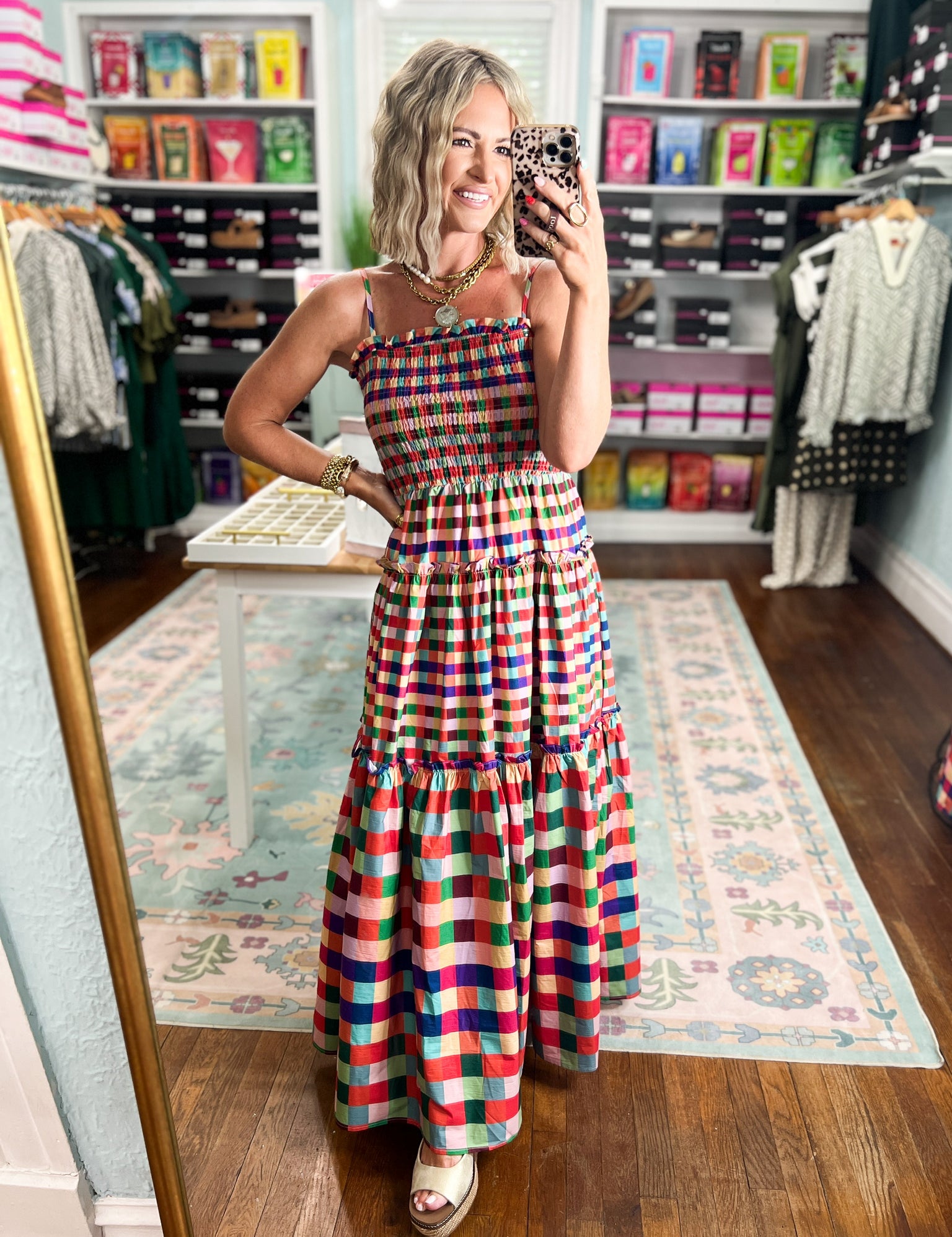 Multicolor plaid tiered maxi dress full front view with square neckline and ruffle tiers
