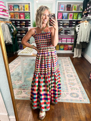 Multicolor plaid tiered maxi dress full front view with square neckline and ruffle tiers