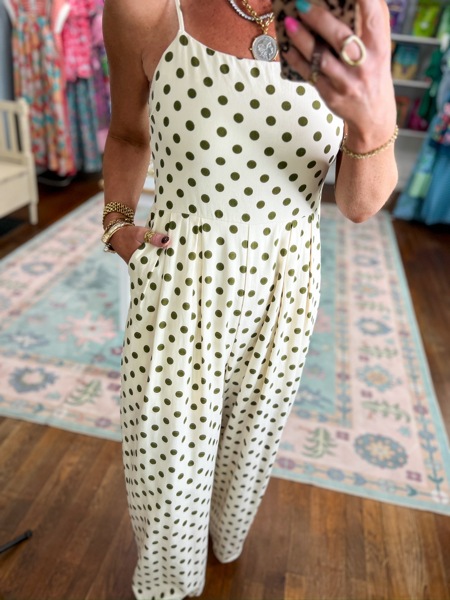 Timeless Polka Dot  Wide-Leg Jumpsuit - Cream/Moss