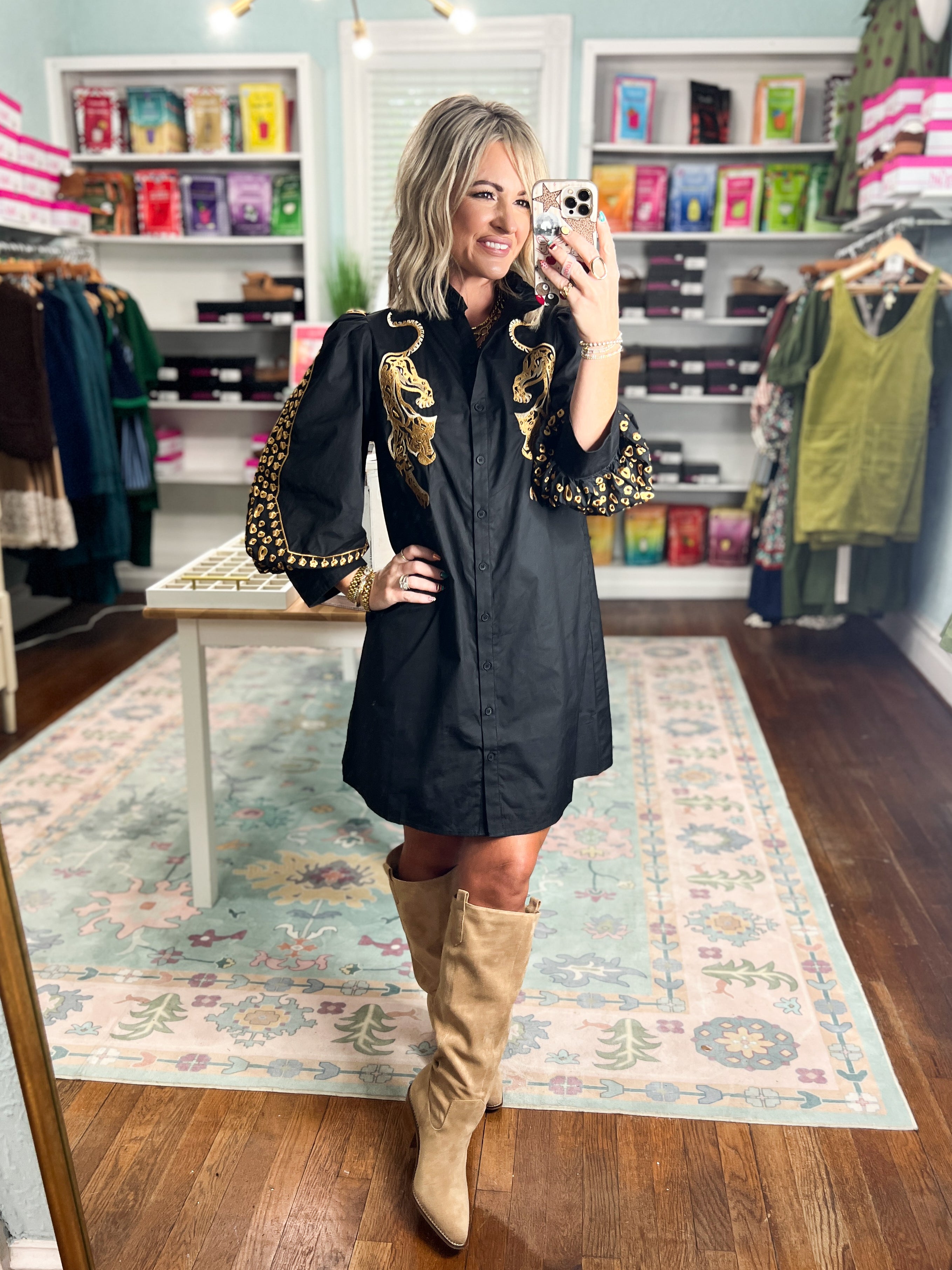 Black short dress with gold leopard embroidery on front and cuffs, long sleeves