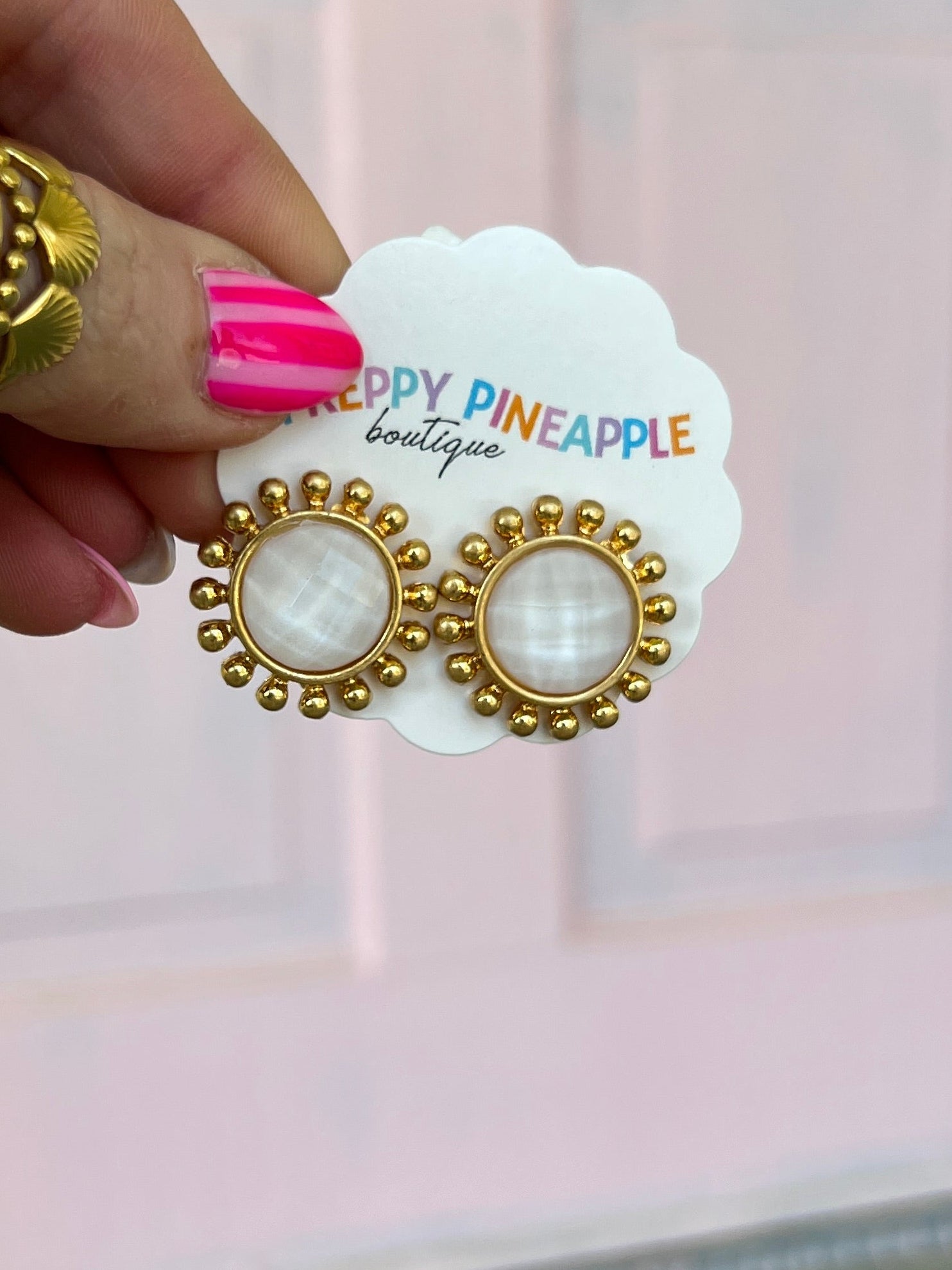 Dotted and Faceted Round Stone Earrings - Cloud/Gold