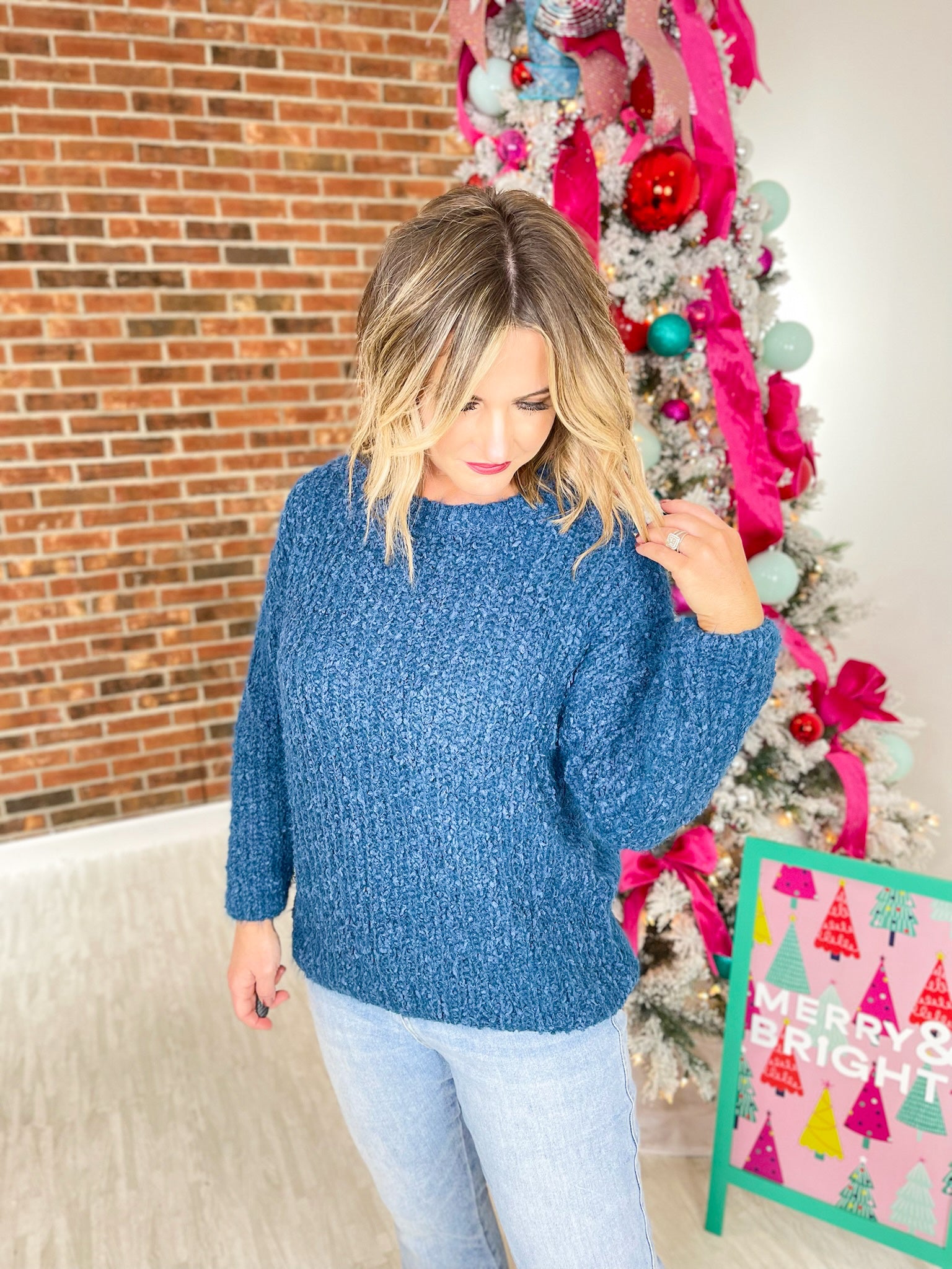 Seasonal Snuggles Round Neck Sweater - Dusty Blue