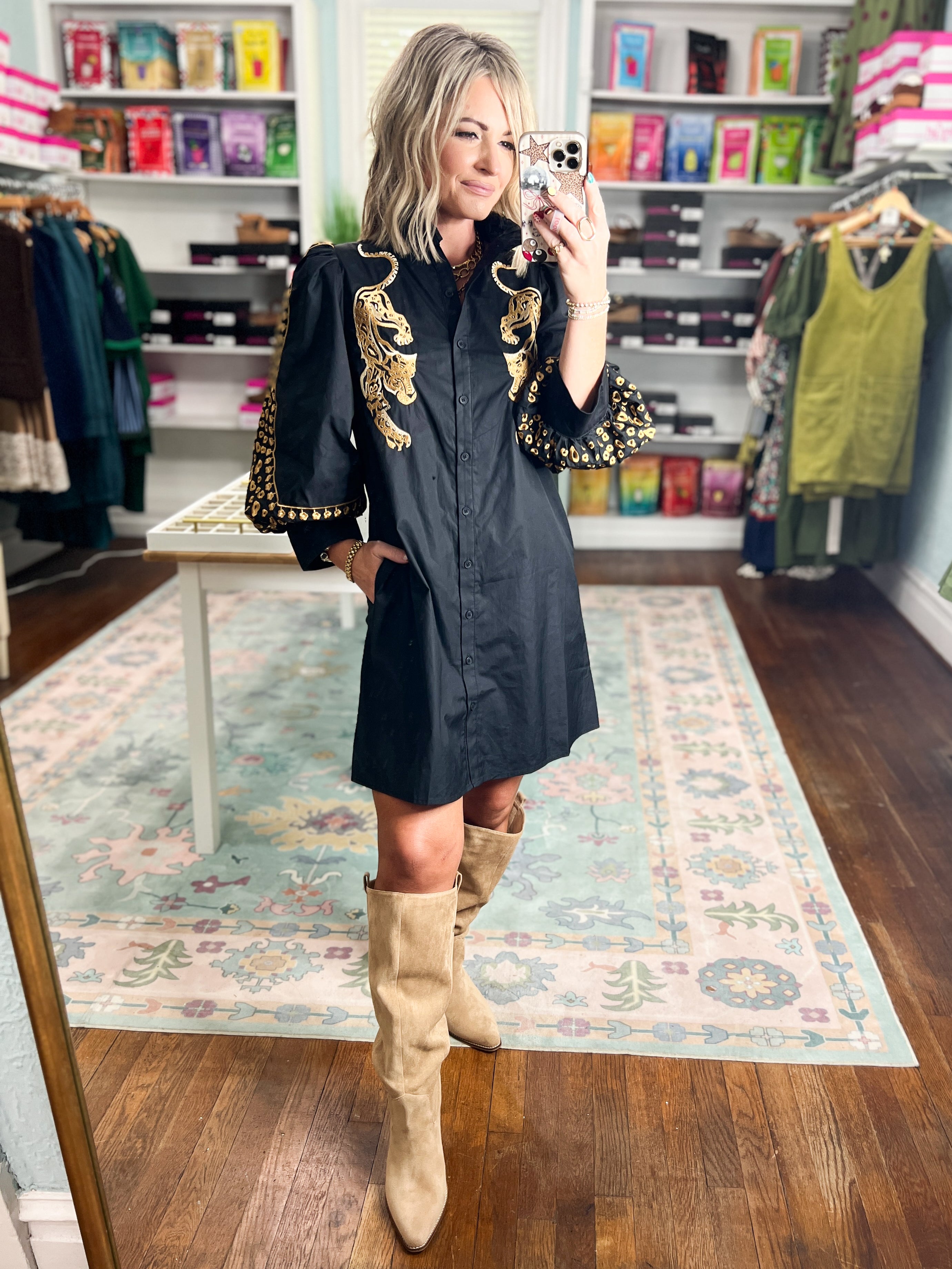 Black long-sleeve mini dress with ornate gold leopard embroidery at yoke