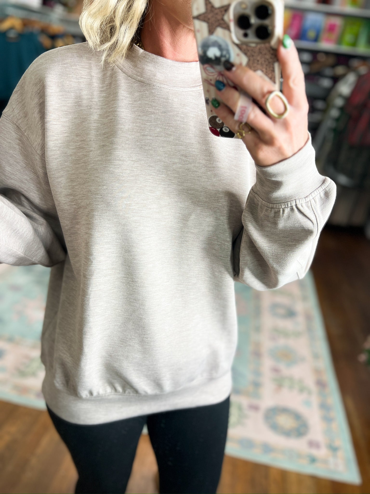 Taupe mock neck modal pullover sweater, close-up of neckline and long sleeves