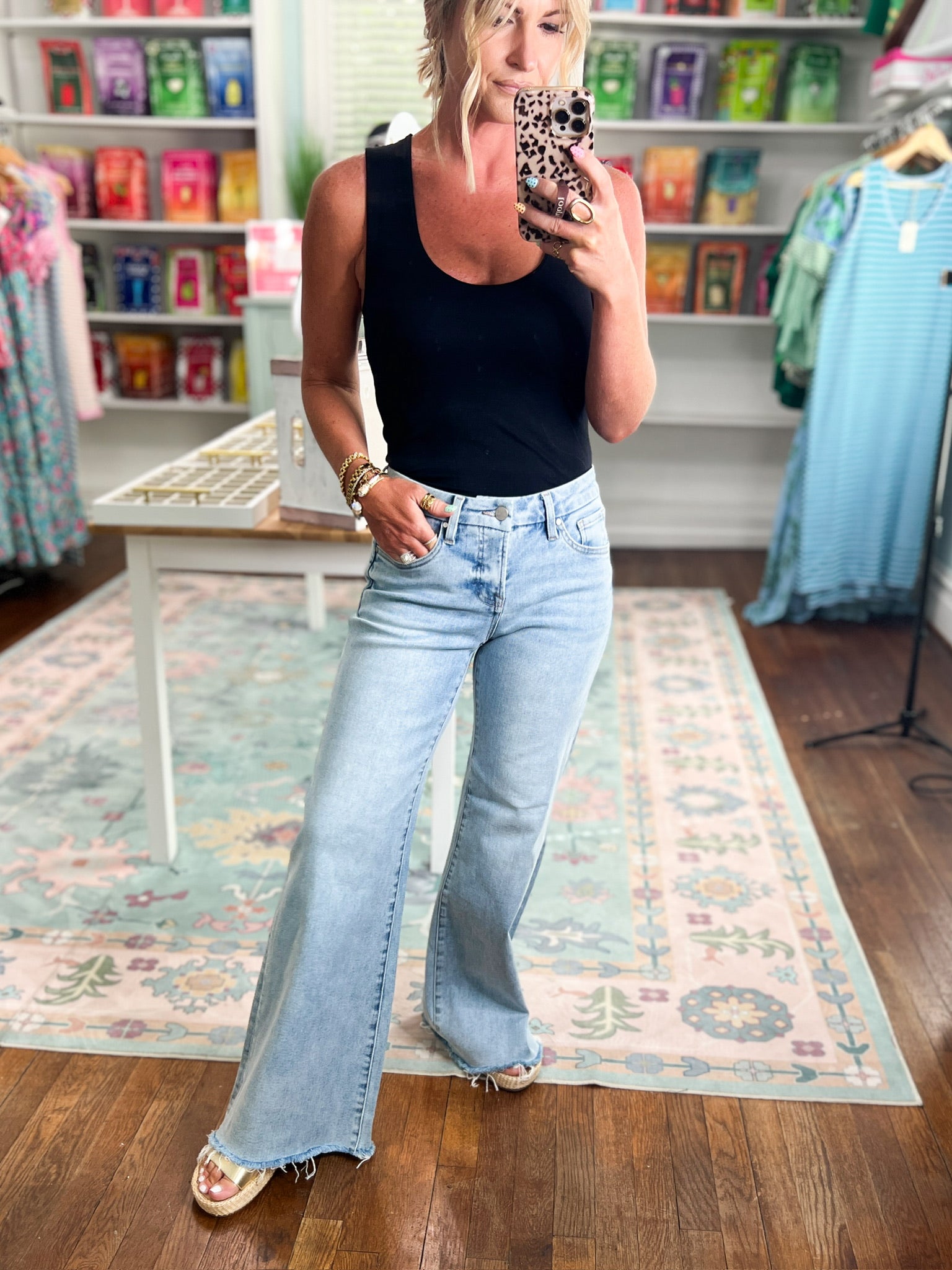 Risen |Tummy Control Low Rise Wide Leg Raw Cut Hem Jeans