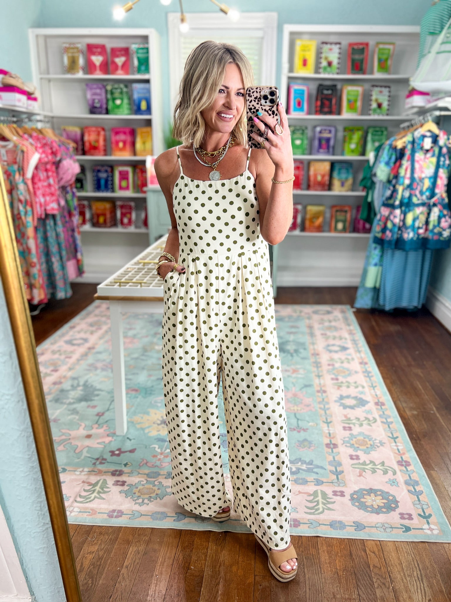 Timeless Polka Dot  Wide-Leg Jumpsuit - Cream/Moss