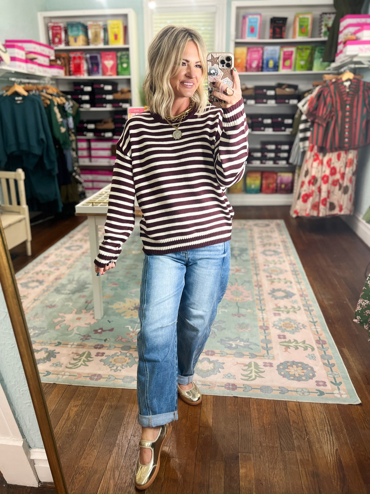 Just Right Striped Crew Neck Sweater - Dk. Cherry
