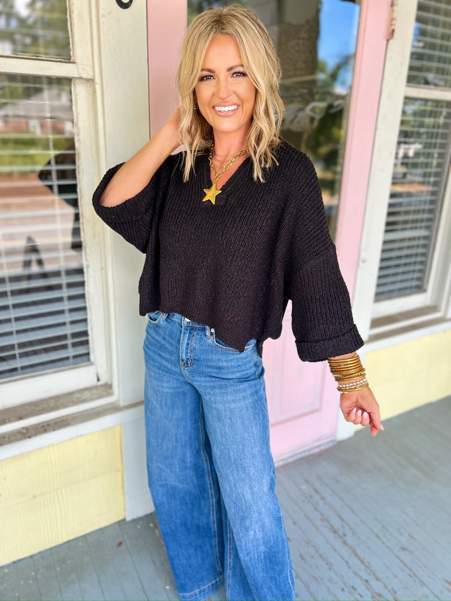 Speak Up Split Neck Sweater - Black