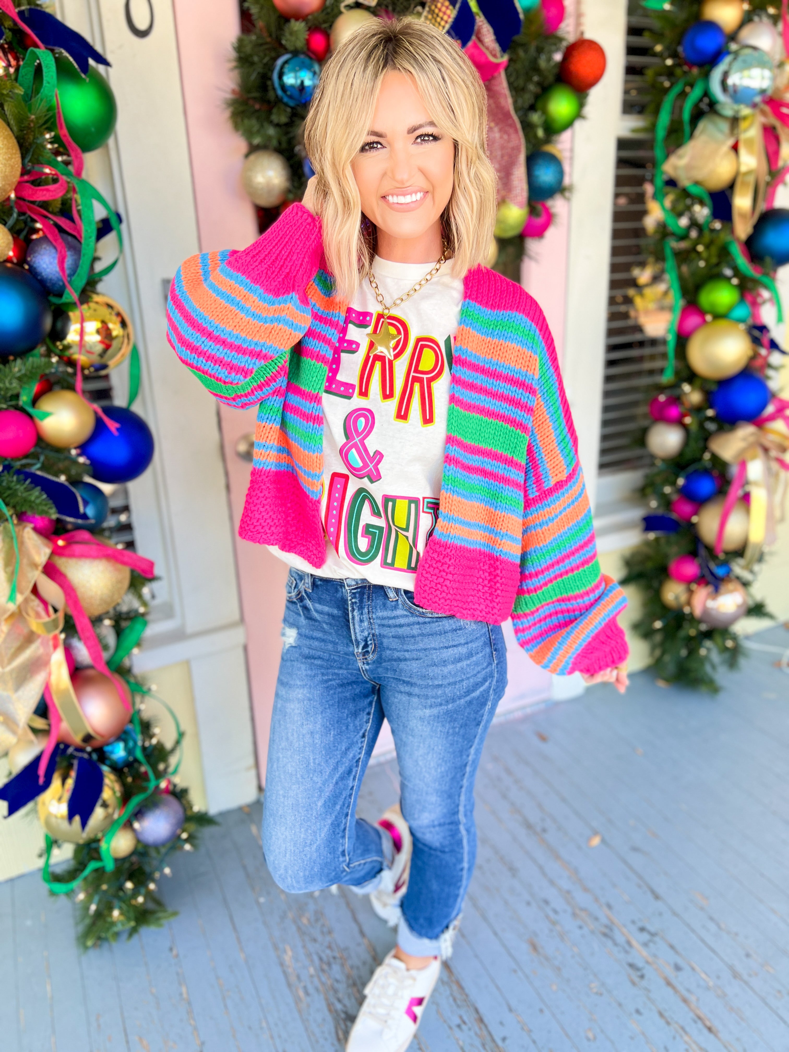 Holiday Cozy Striped Open Cardigan