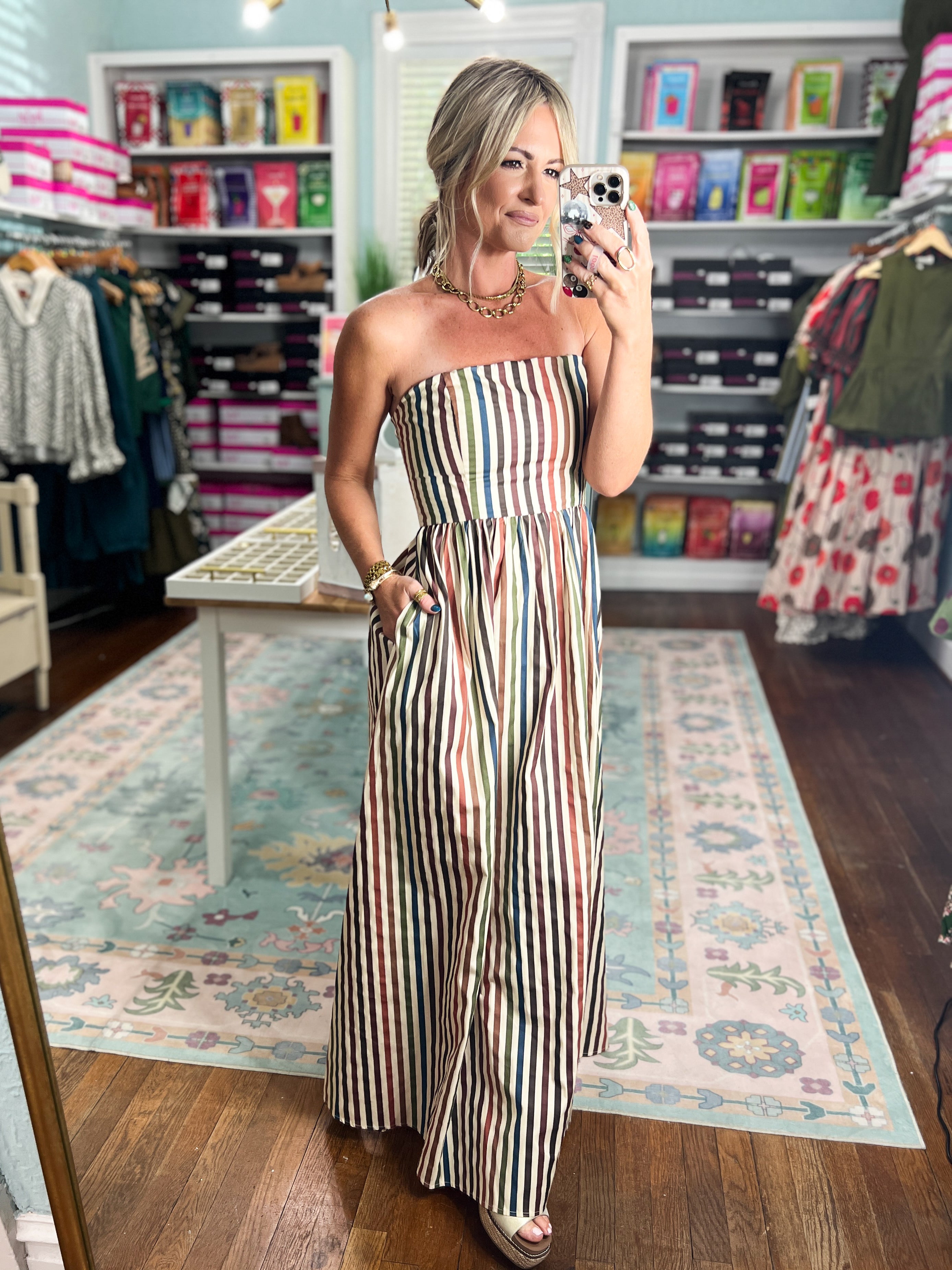 Striped and Stunning Strapless Maxi Dress- Multi