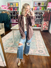 Better Off Mineral Wash Shacket- Dk. Brown