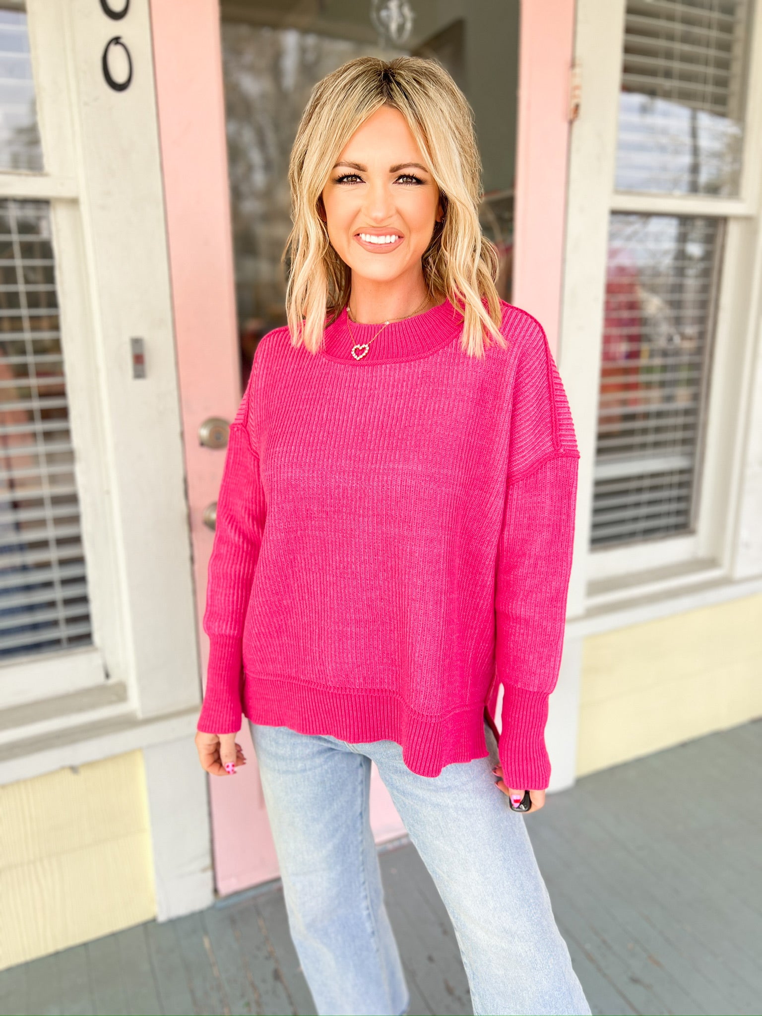 Always Be With You Two Tone Sweater - Hot Pink/Candy Pink