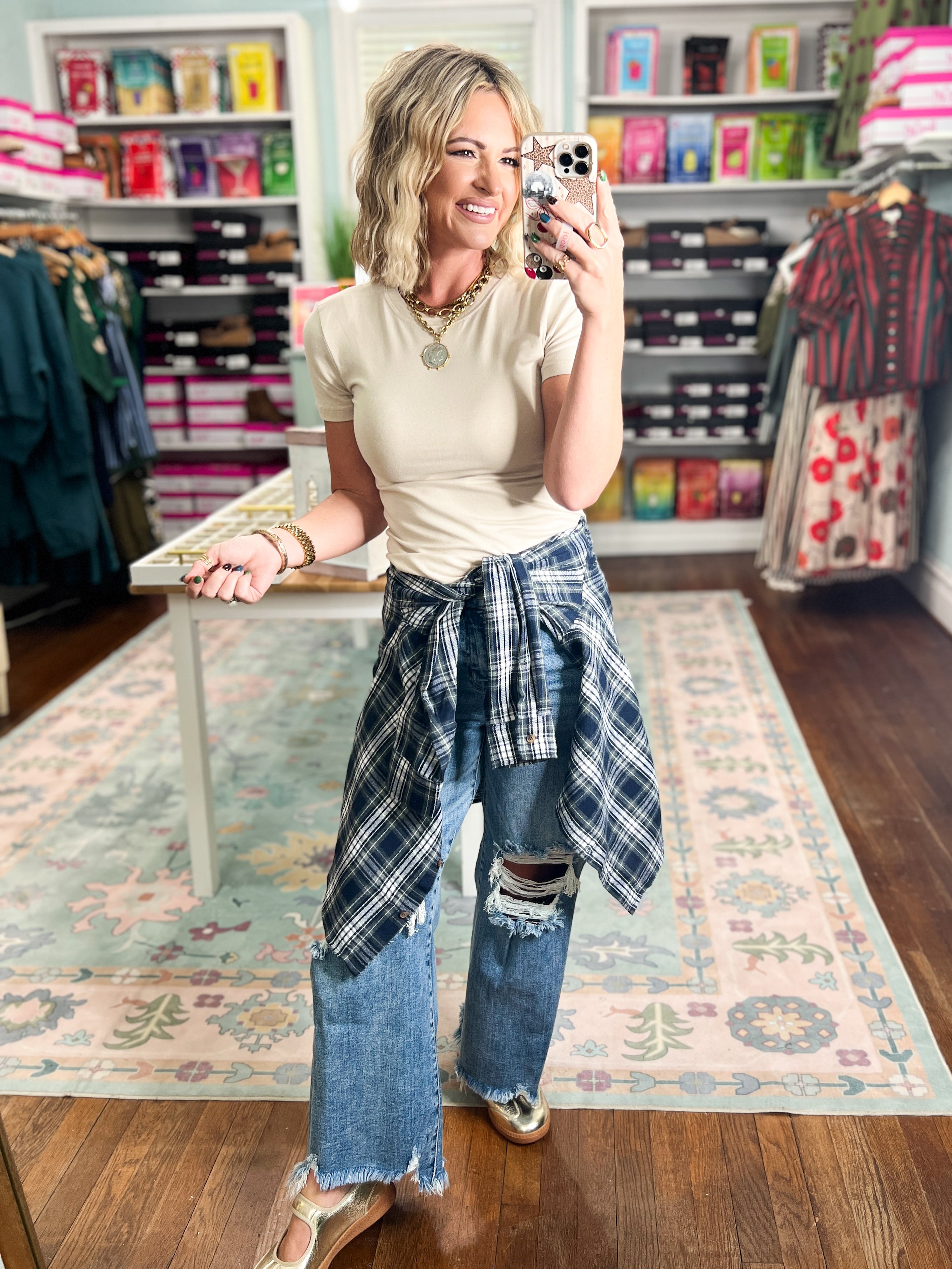 Harvest Plaid Long Sleeve Top - Navy