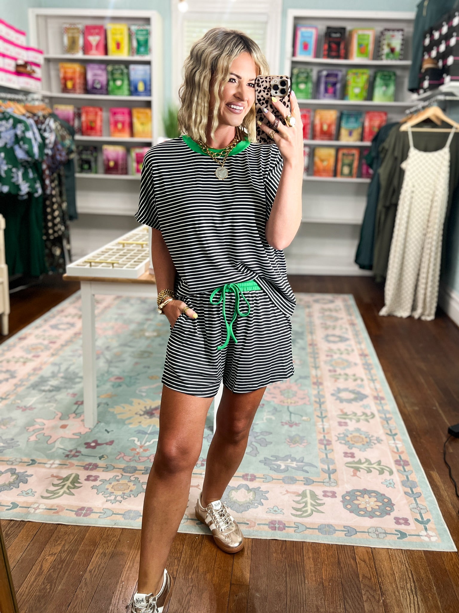 New Days Striped Knit Top and Shorts Set - Black/Green