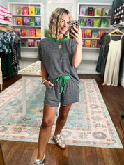 New Days Striped Knit Top and Shorts Set - Black/Green