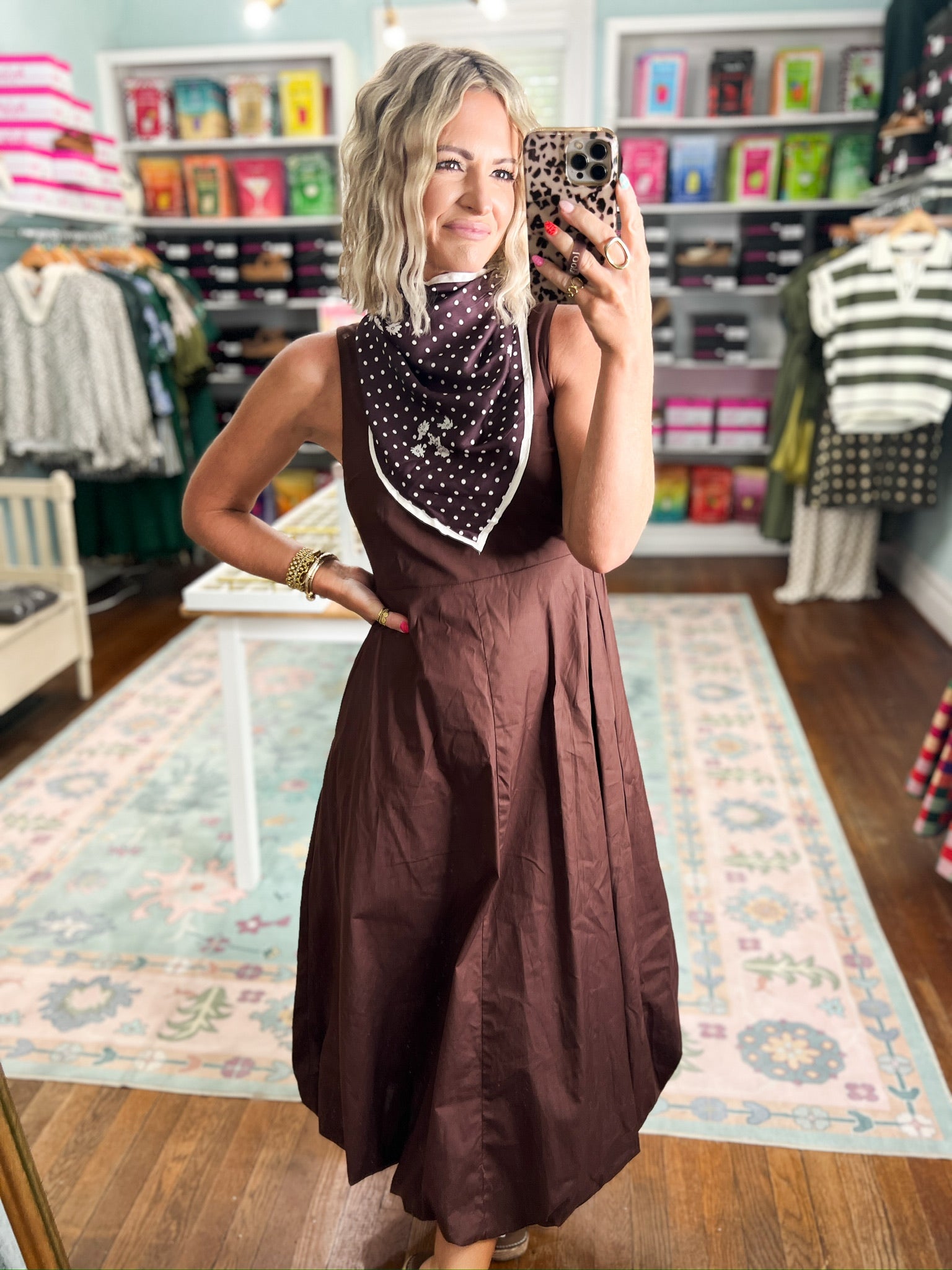 Brown sleeveless midi dress with high neck polka-dot scarf panel at the waist