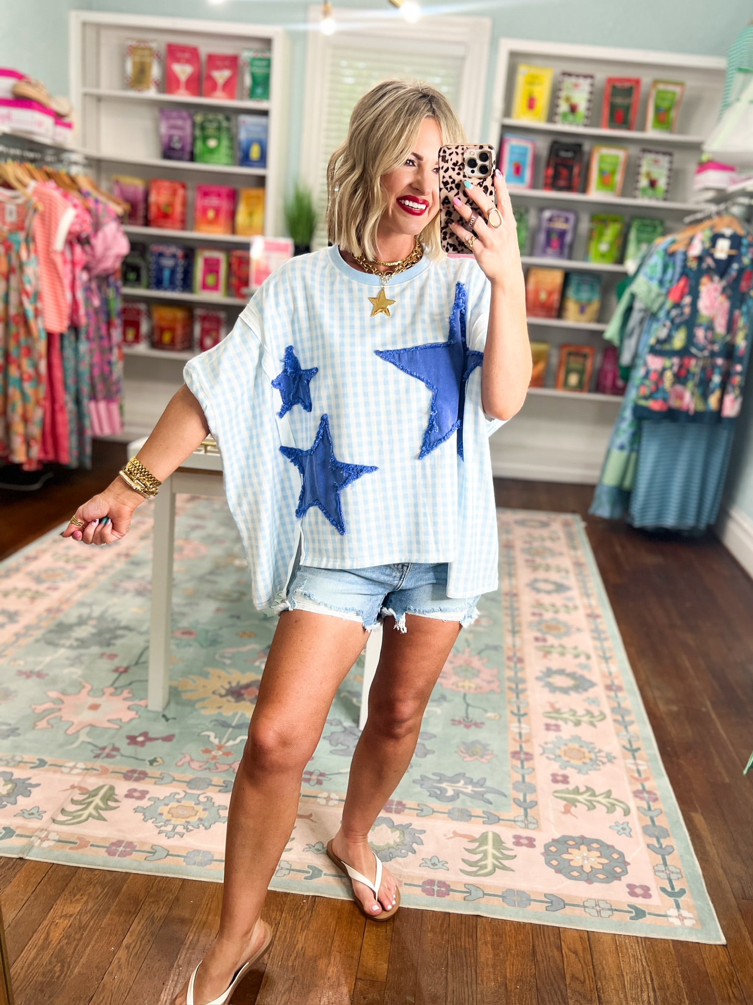 Firecracker Picnic Dolman Sleeve Top -Lt.Blue/Royal