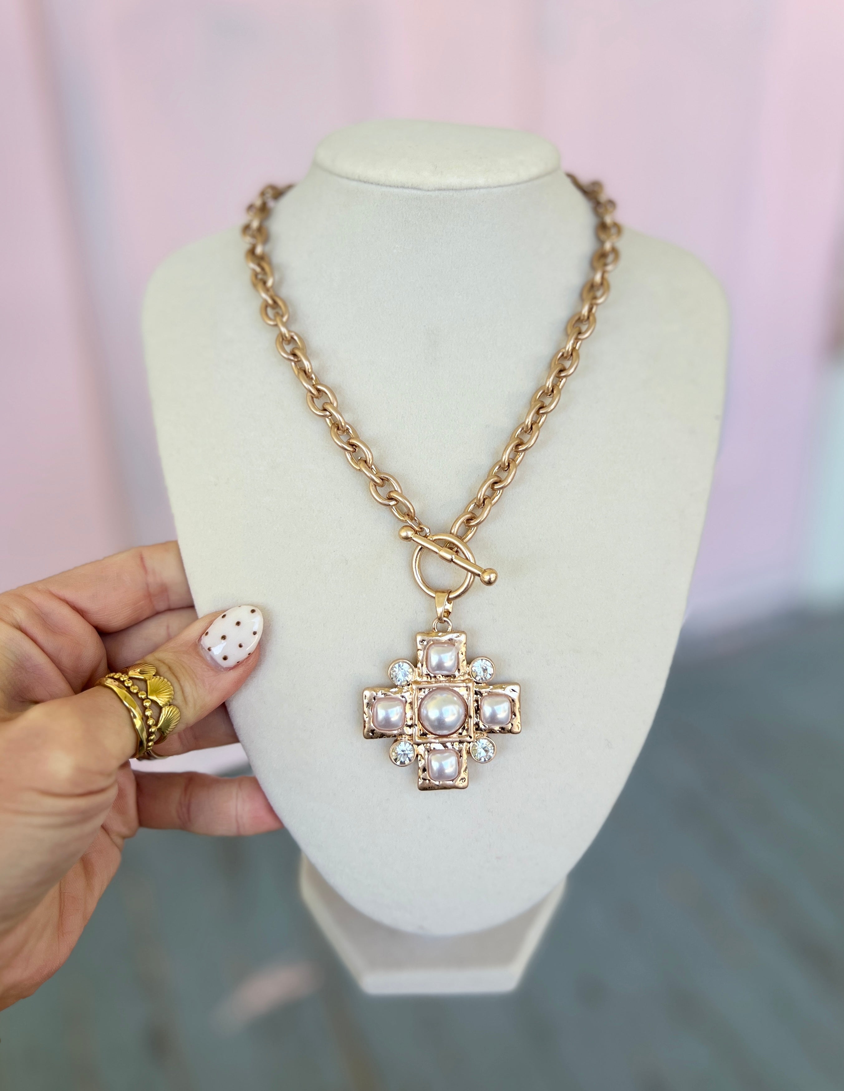 Cross Dome Shape Pearl Necklace