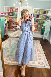 Let's Meet Later Striped Midi Dress - Blue