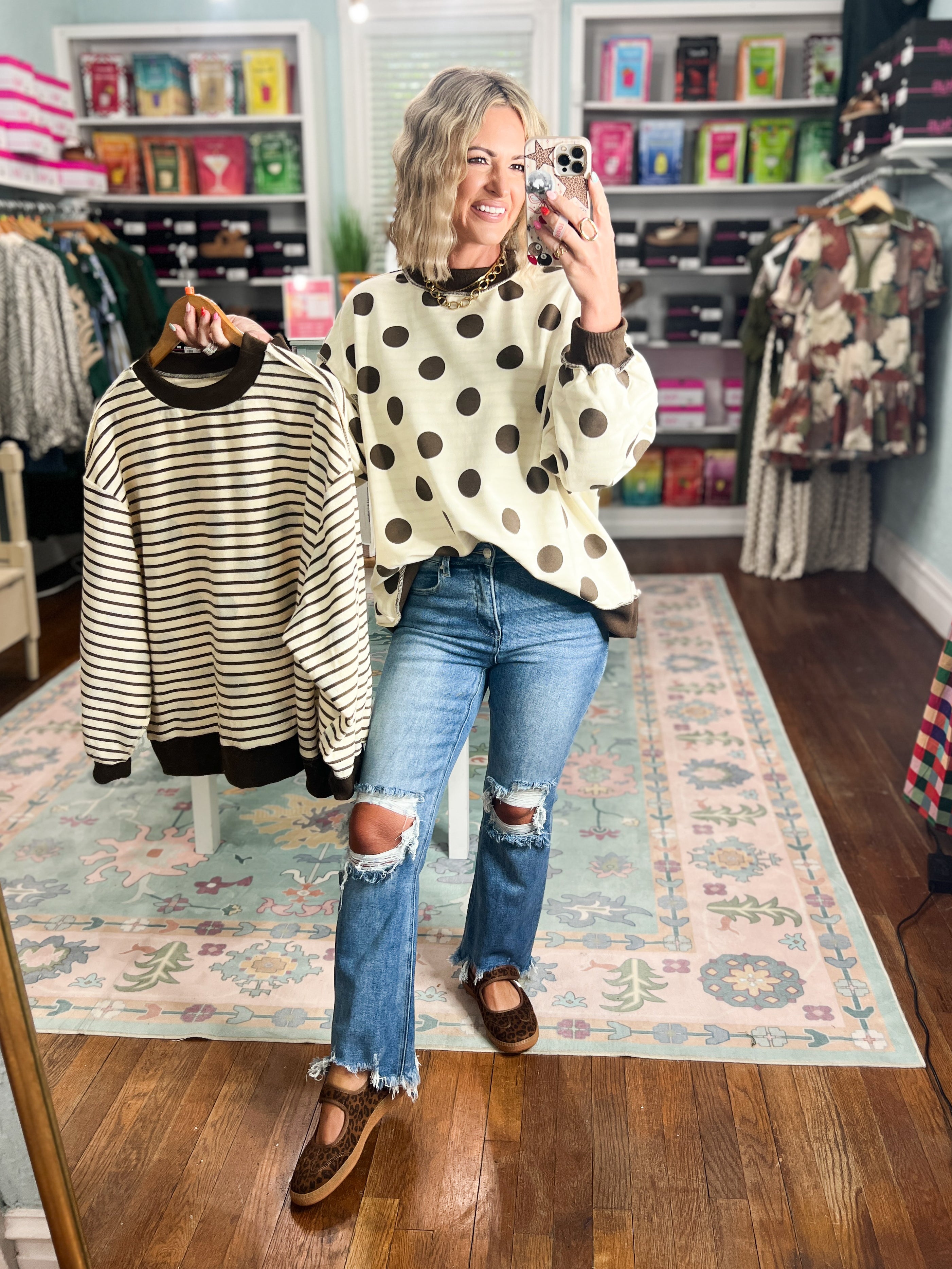Reversible mock neck sweatshirt with brown striped and ivory polka-dot sides